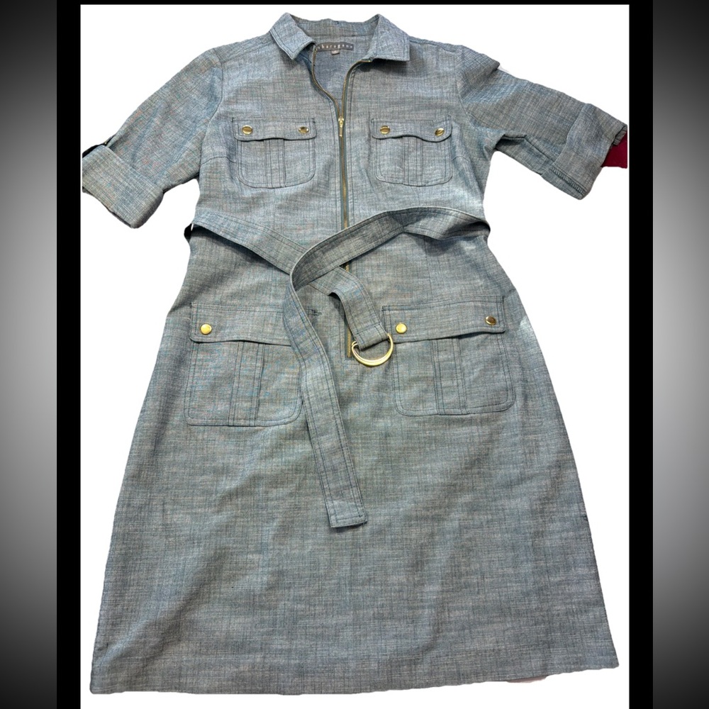 Sharagano Blue Denim Midi DRESS 1/2 Zip, size 12 FLAP cargo Pockets Buckle Belt